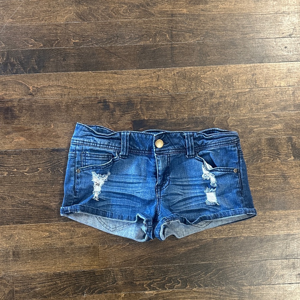 Denim Blue Women's Distressed Low Rise Mini Shorts Size 28
